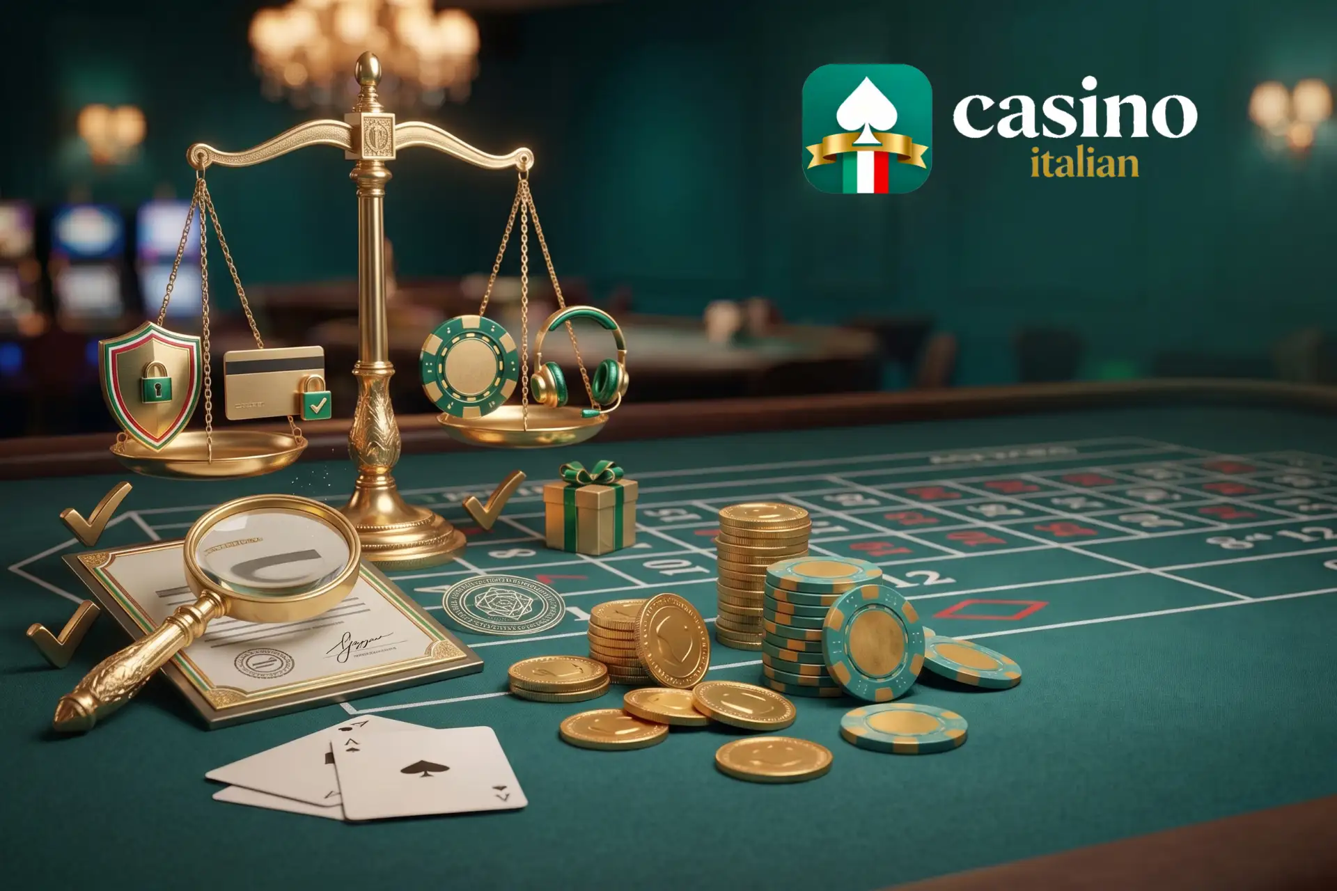 Metodo su come selezioniamo e testiamo le sale su Casino Italian, illustrato su un tavolo verde con bilancia dorata, lente su documento, cuffie e fiches.