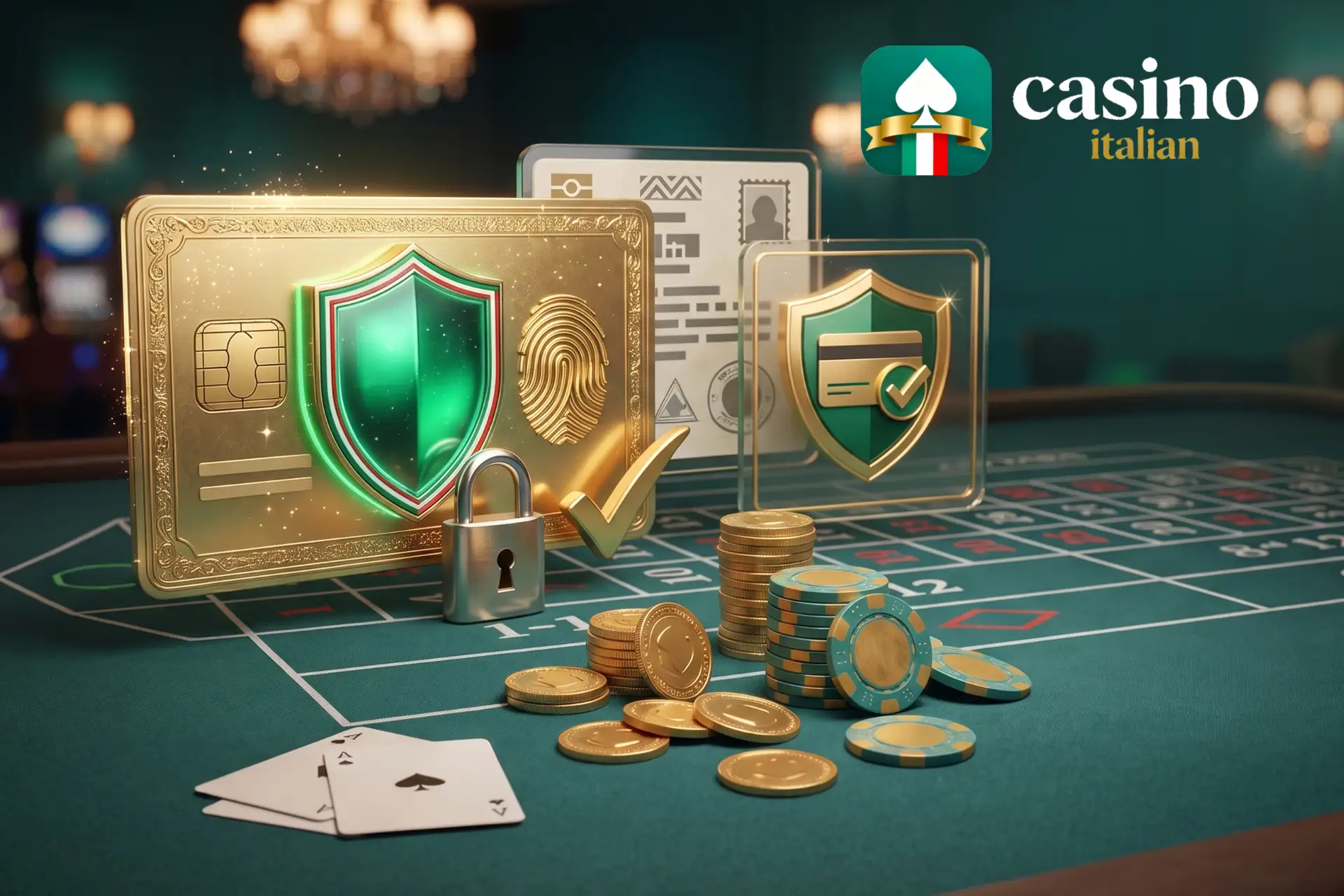 Guida alla registrazione sicura dell'account su Casino Italian, raffigurata su un tavolo da gioco con carta dorata, impronta digitale, lucchetto e fiches.