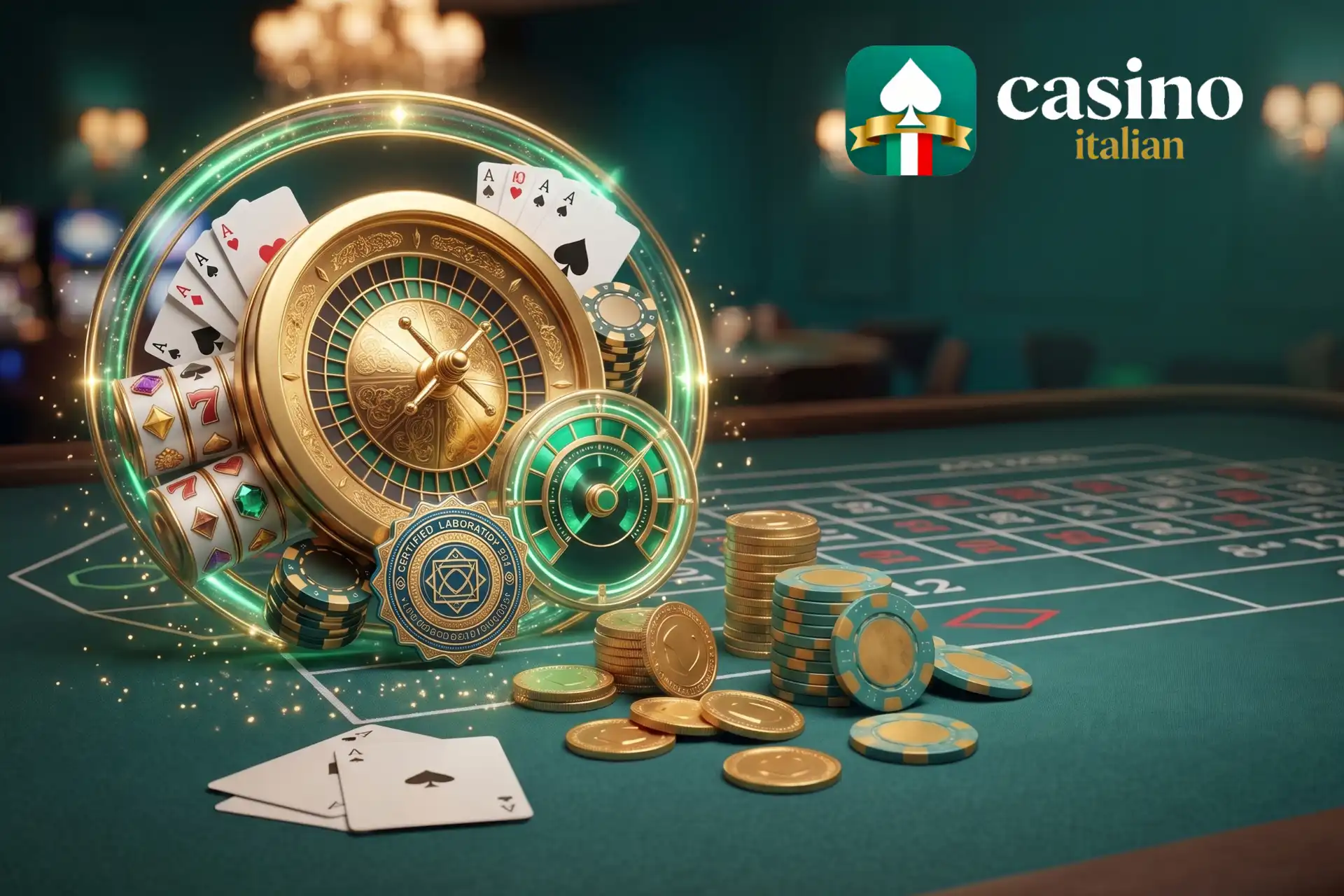 Ricca selezione di giochi da casino con slot e roulette, presentata su un tavolo verde con ruota della roulette dorata, rulli slot 777, carte e fiches.